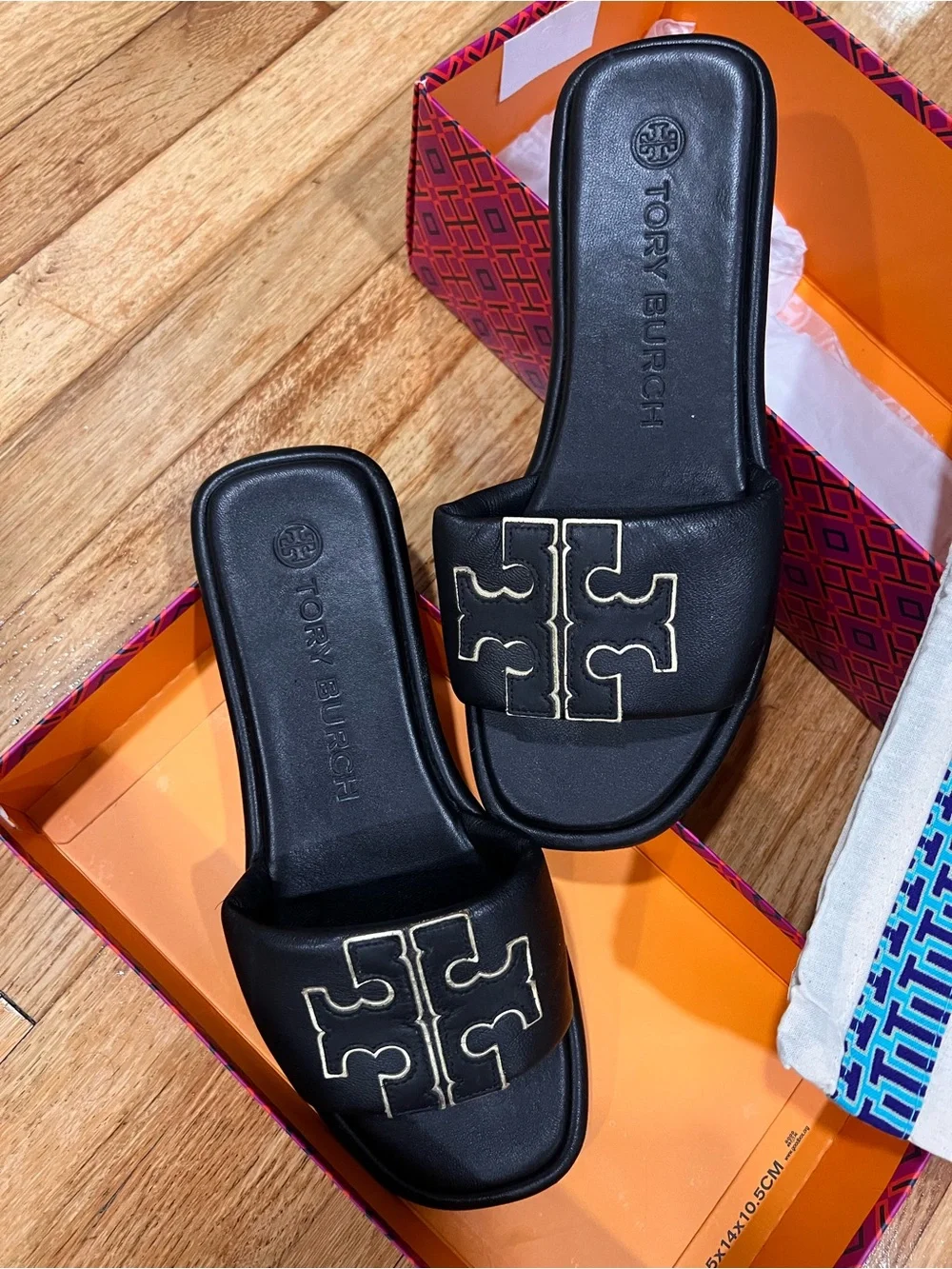 Tory Burch Black Slide Sandals with Gold Logo